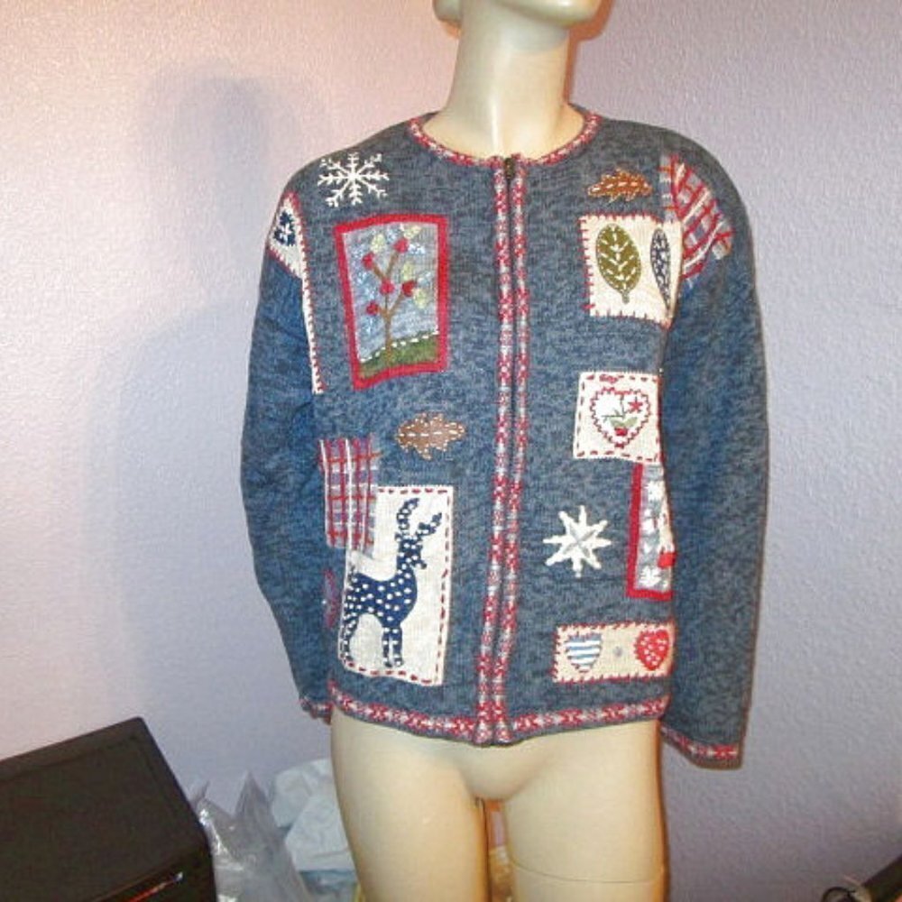 Vtg Heirloom Collectibles Embroidered Hand Knit Cardigan M Patchwork Sweater 90s